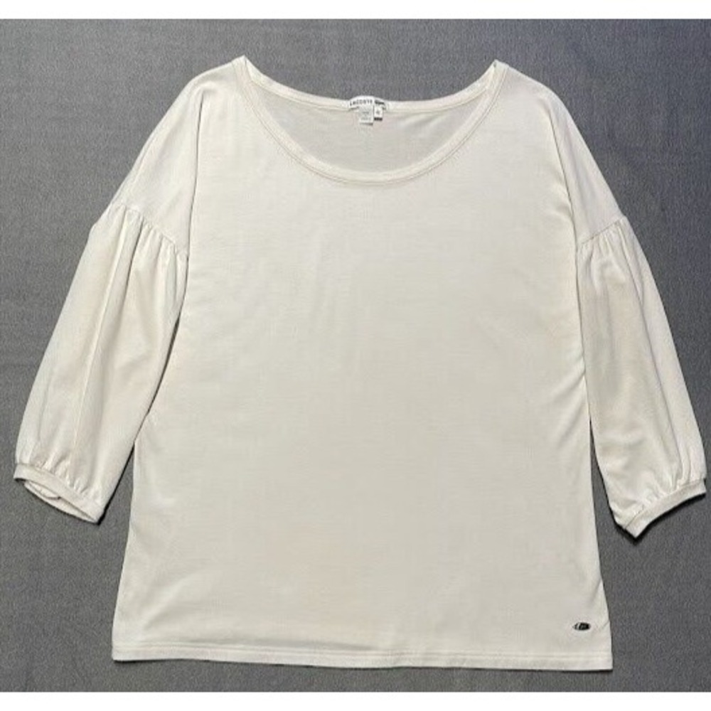 Lacoste Blouse Women Size 42 Ivory 3/4 Puffed‎ Sleeve Crew Neck Casual Logo